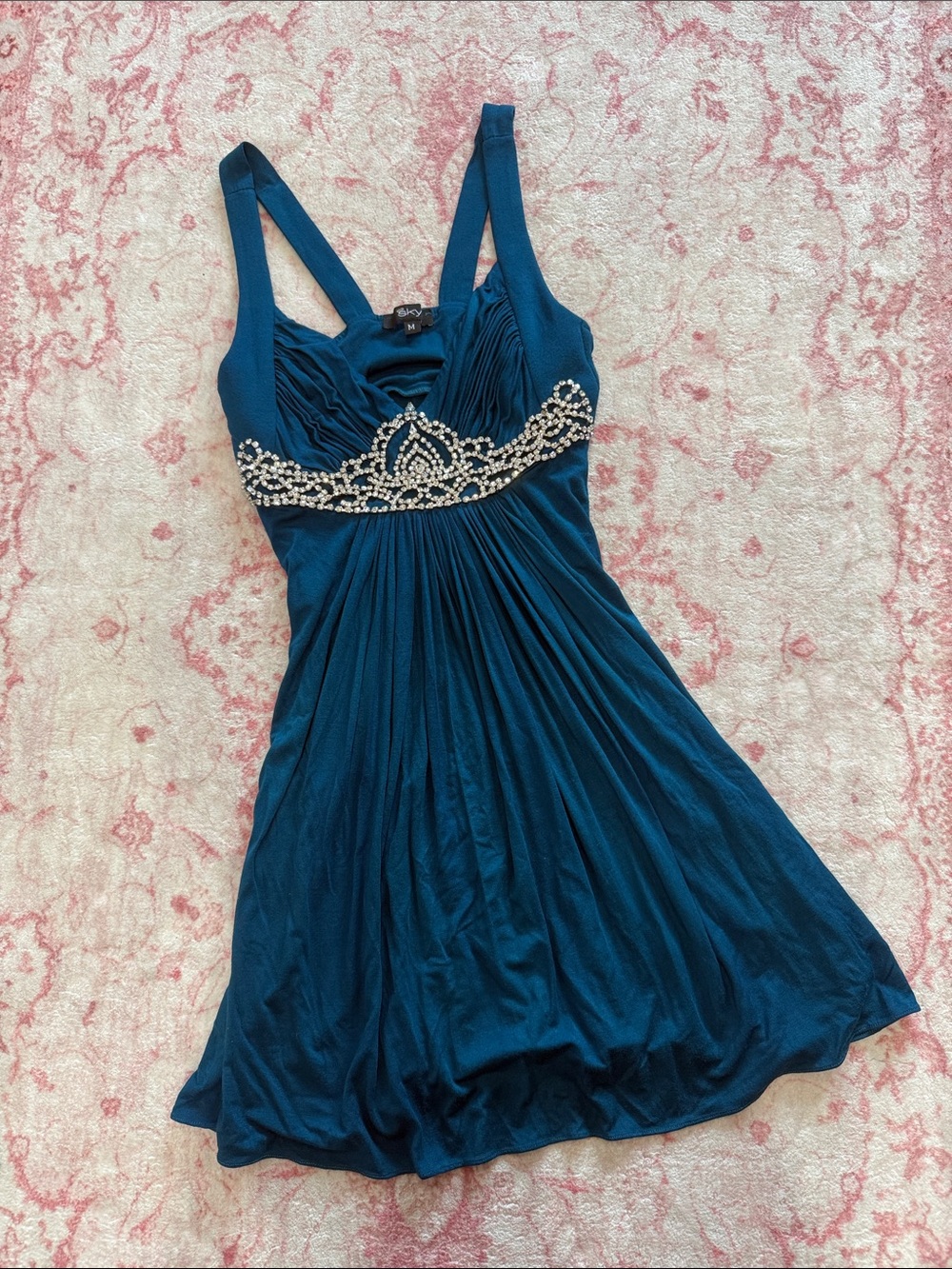 SKY Sleeveless Teal RHINESTONE Empire-Waist Dress